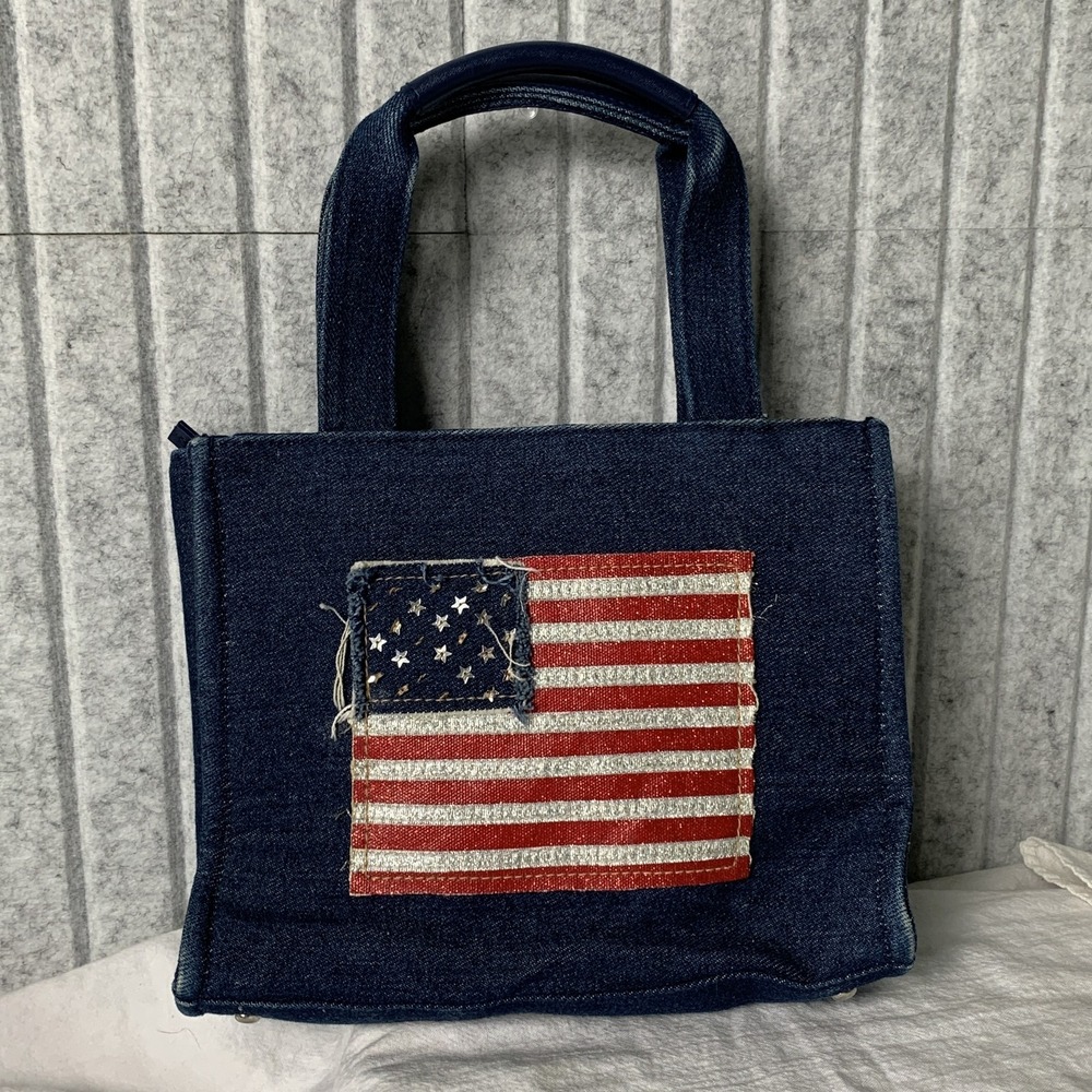Denim Mini Tote Bag Women's American Flag Patch Distressed Blue Handbag Purse